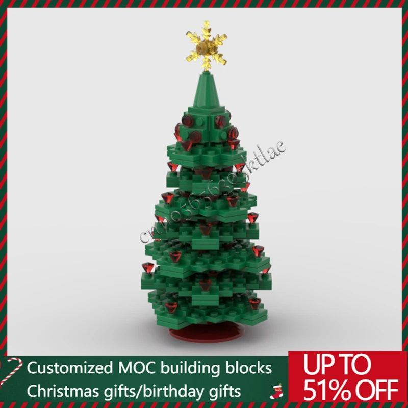 

744PCS MOC Christmas Tree Green With Red Decorations Winter Village Building Block Model DIY Assembly Toy Children Festival Gift