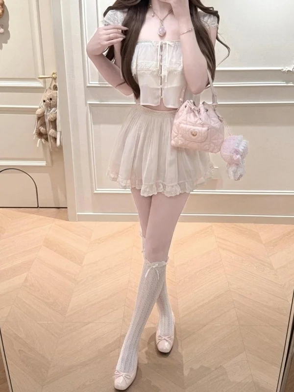 

Комплект из двух предметов: топ и плиссированная юбка с высокой талией, кружевной дизайн в стиле сказки, модная женская одежда для весны и лета