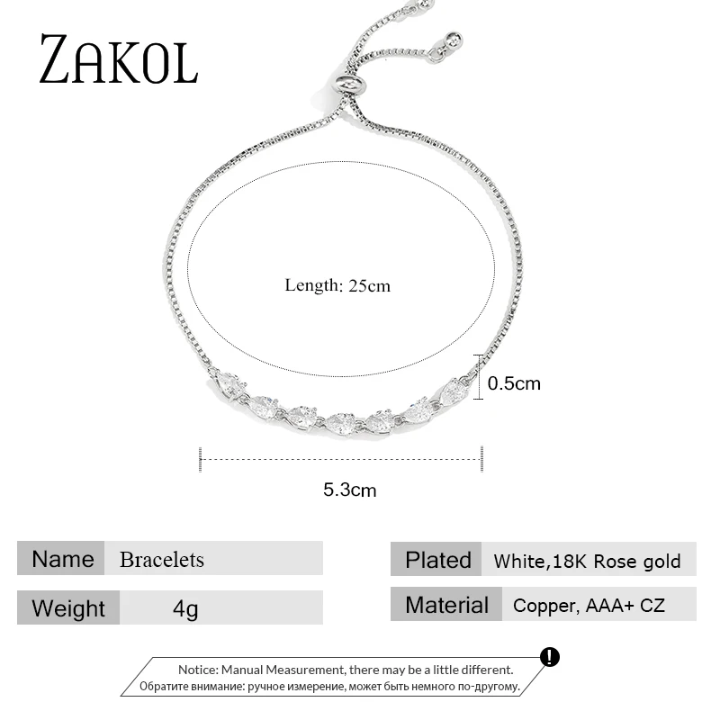 ZAKOL Brand Waterdrop Shape Cubic Zirconia Crystal Adjustable Bracelets for Women Wedding Party Jewelry Gift FSBP2227