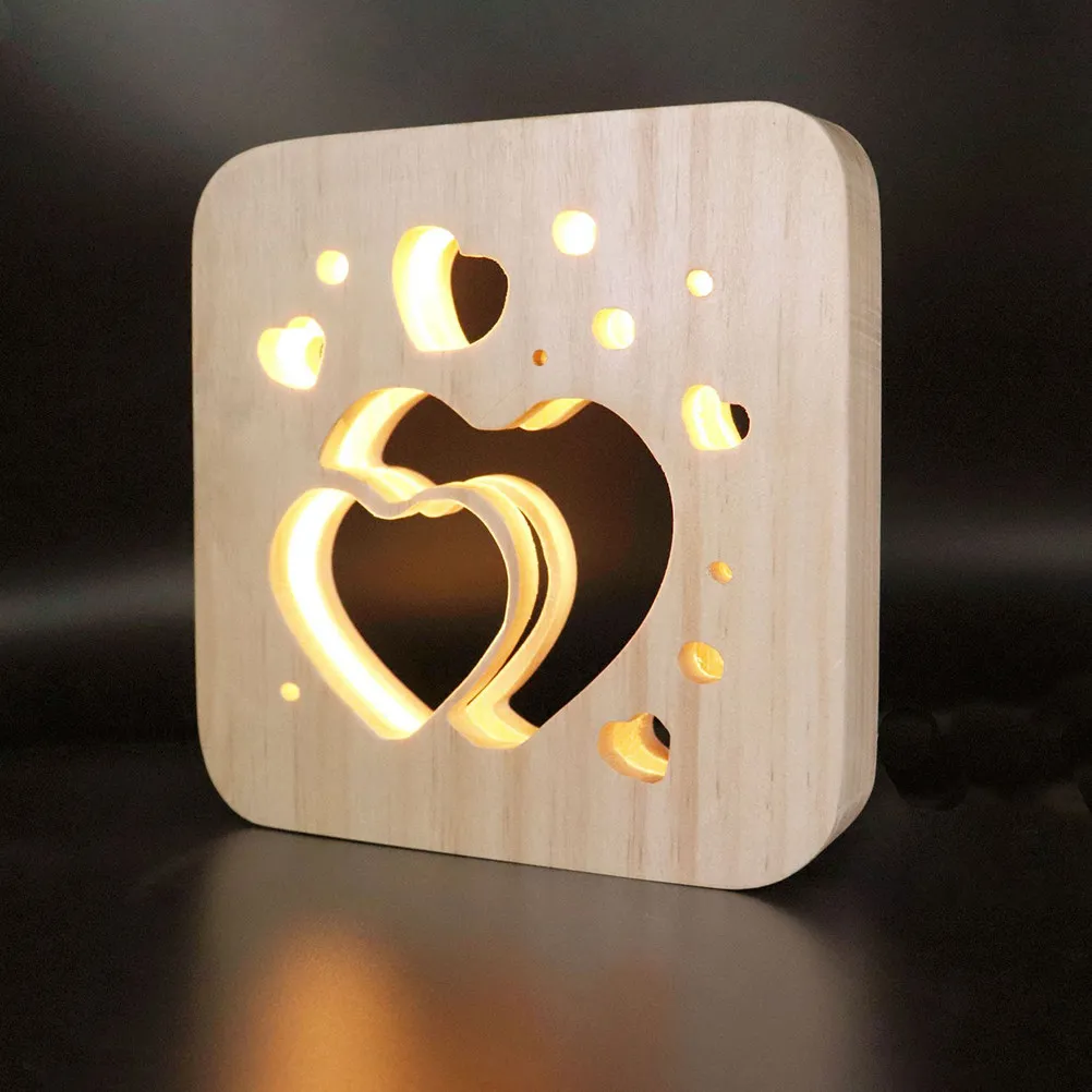 

Two Hearts Hollow Wooden Night Light for Bedroom Nursery Home Decor Bedside Table Lamp Soft Glow Ambient Light