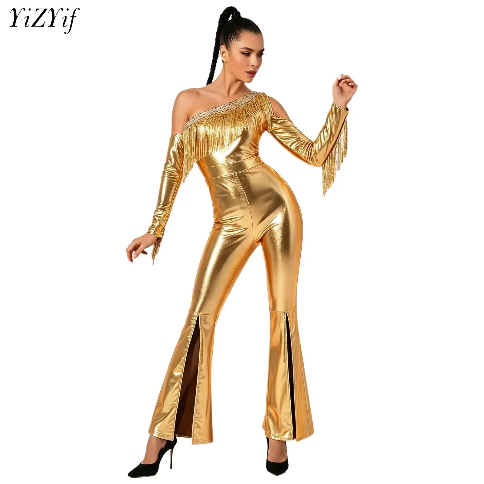 Womens 70s Disco Jazz Dance Flare Jumpsuit Sequins Tassels Long Sleeve Metallic Shiny Bell Bottoms Bodysuit for Prom Rave Party