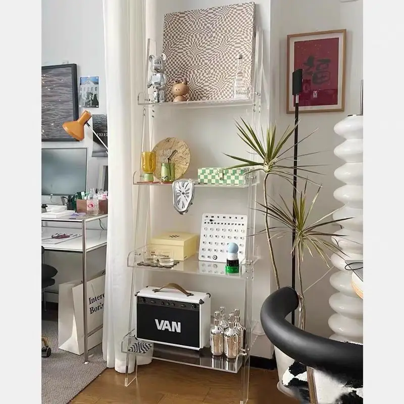 رف كتب أكريليك مقابل رف الحائط، رف عرض بسيط لغرفة المعيشة، أرضية إبداعية #2