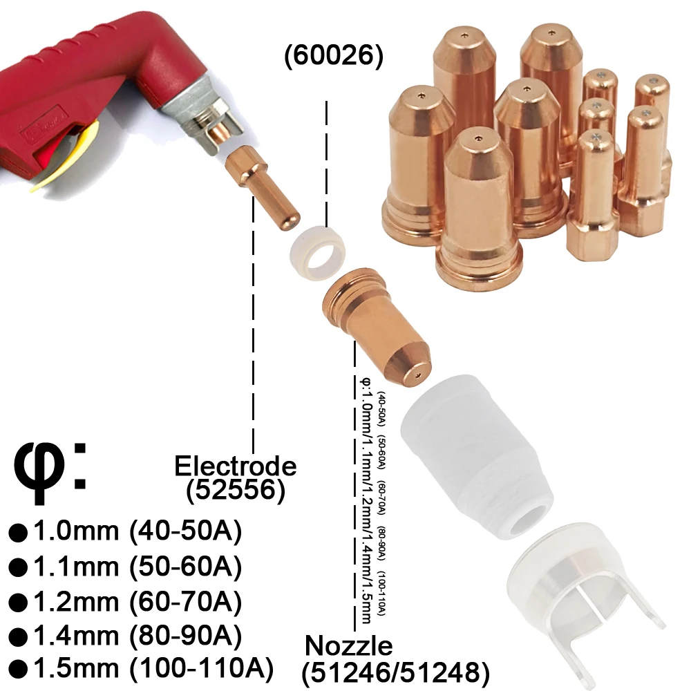 PT-100 PT100 IPT-100 PTM-100 Electrode 52556 Nozzle 51246 1.1/1.2mm 51248 1.4mm/1.5mm Fit Plasma Cutter Torch Consumables