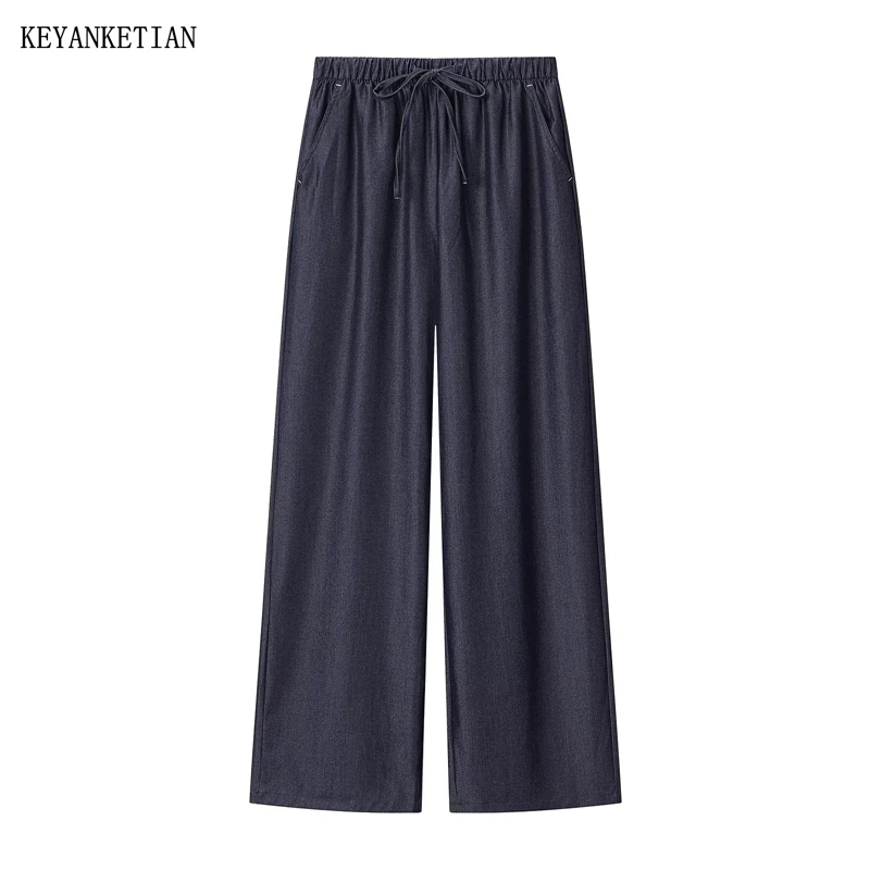 

KEYANKETIAN 2026 Summer New Casual Tencel Denim Wide Leg Pants High Waist Drawstring Elastic Waist Loose Daily Trousers Jeans