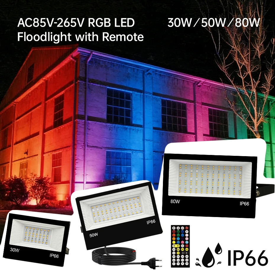 

Светодиодный прожектор RGB AC85-265V 30W 50W 80W, водонепроницаемый, с дистанционным управлением, для наружного освещения сада