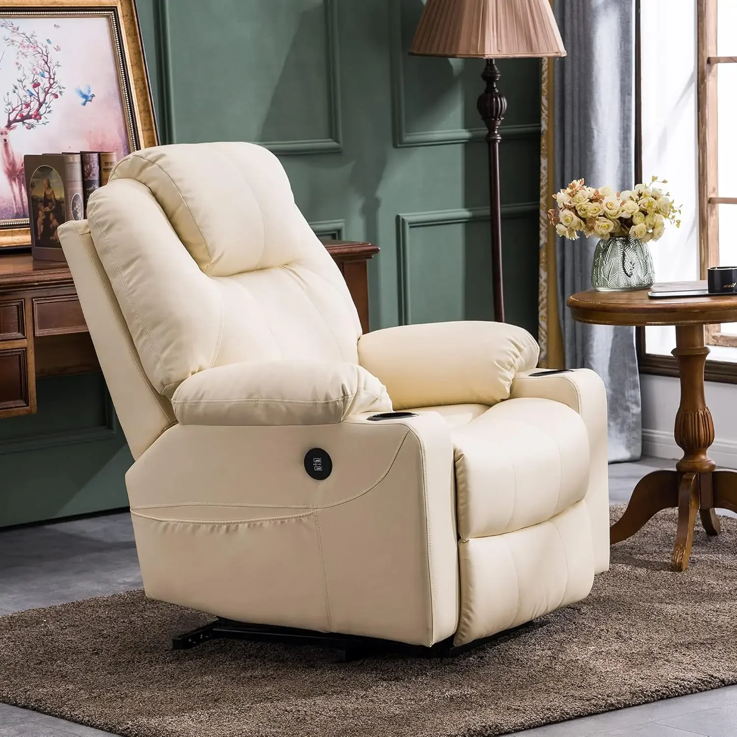 Electric Power Lift Recliner Chair Sofa with Massage and Heat for Elderly, 3 Positions, 2 Side Pockets, and Cup Holders