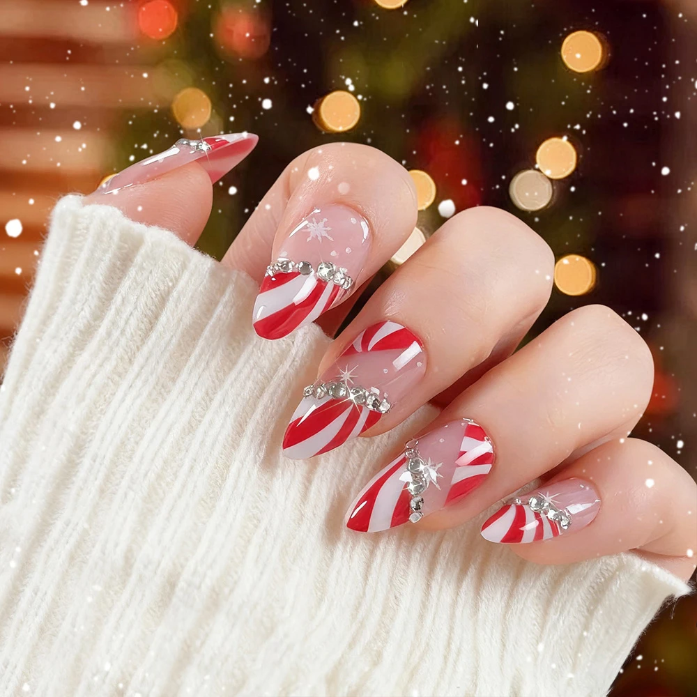 24pcs Christmas Red White Candy Stripes Fake Nails with Rhinestones Almond French Snowflakes False Nails Festive Nail Art Gift *