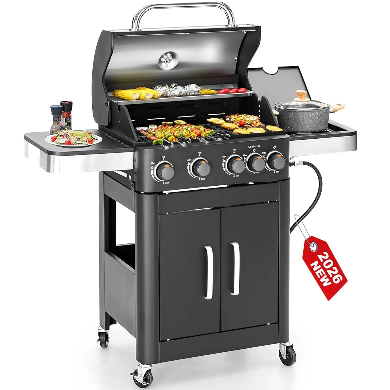 

2 in 1 Propane Gas BBQ Grill with Side Burner & Porcelain-Enameled Cast Iron Grate, 4-Burner Flat Top Griddle,, Customized