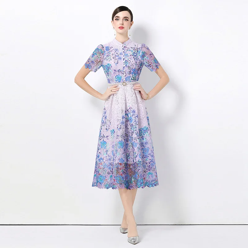 Original ort Sve Hollow out Soluble Lace Mid-Length Dr Street Sle Knitted A-Line Skirt Thiened Velvet Fabric