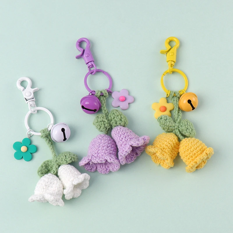 New Handmade Knitted Keychain Keyring For Women Fashion Yarn Crocheted Bell Orchid Flower Bag Pendants Car Key Ring Charms Gift