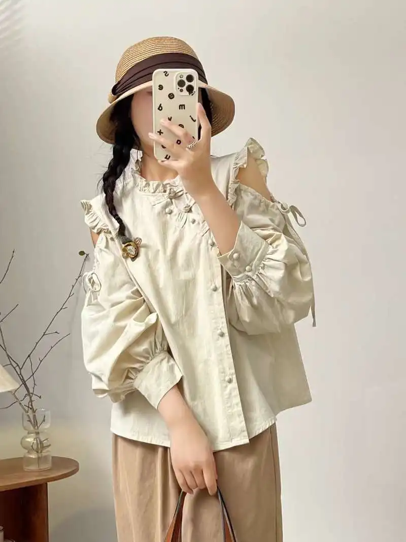 New Spring Cotton Fashion Ruched Shirt Women Stand Collar Long Sleeve Loose Top Girl Designed Blouses 2024 Summer T444119QM