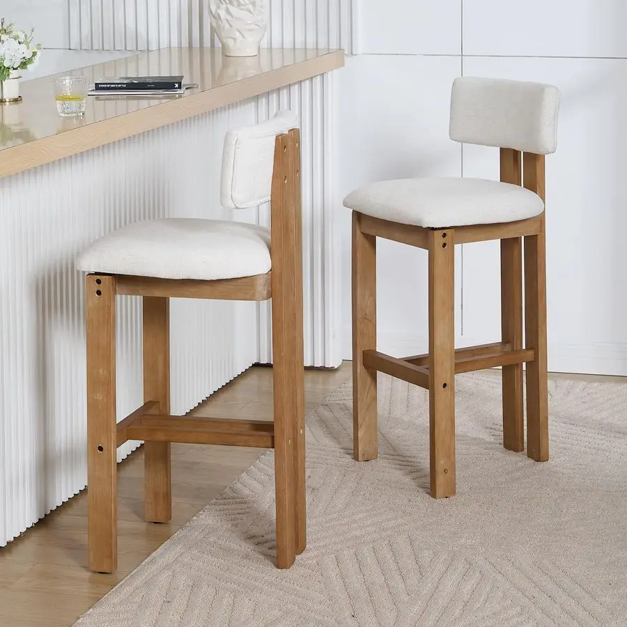 

Барные стулья для фермерского дома для кухонного острова, набор из 2 деревянных барных стульев середины века с изогнутой спинкой и обивкой из льняной ткани для па