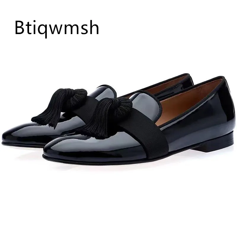 

2025 черные туфли с кисточками, мужские туфли без шнуровки из лакированной кожи с острым носком, мужская модная обувь для вечеринок