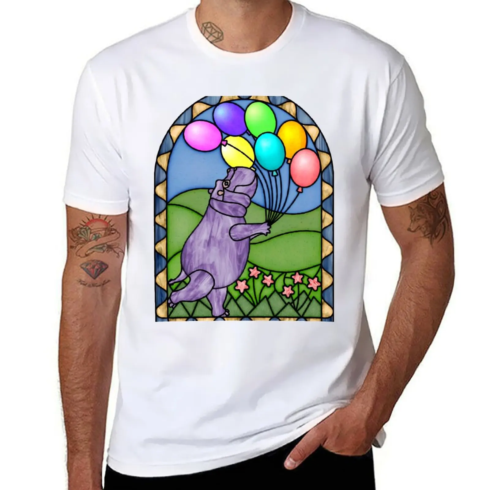 

Stained Glass Hippo With Balloons T-Shirt man t shirts for men anime t shirts for man t shirts for man cotton T-shirt