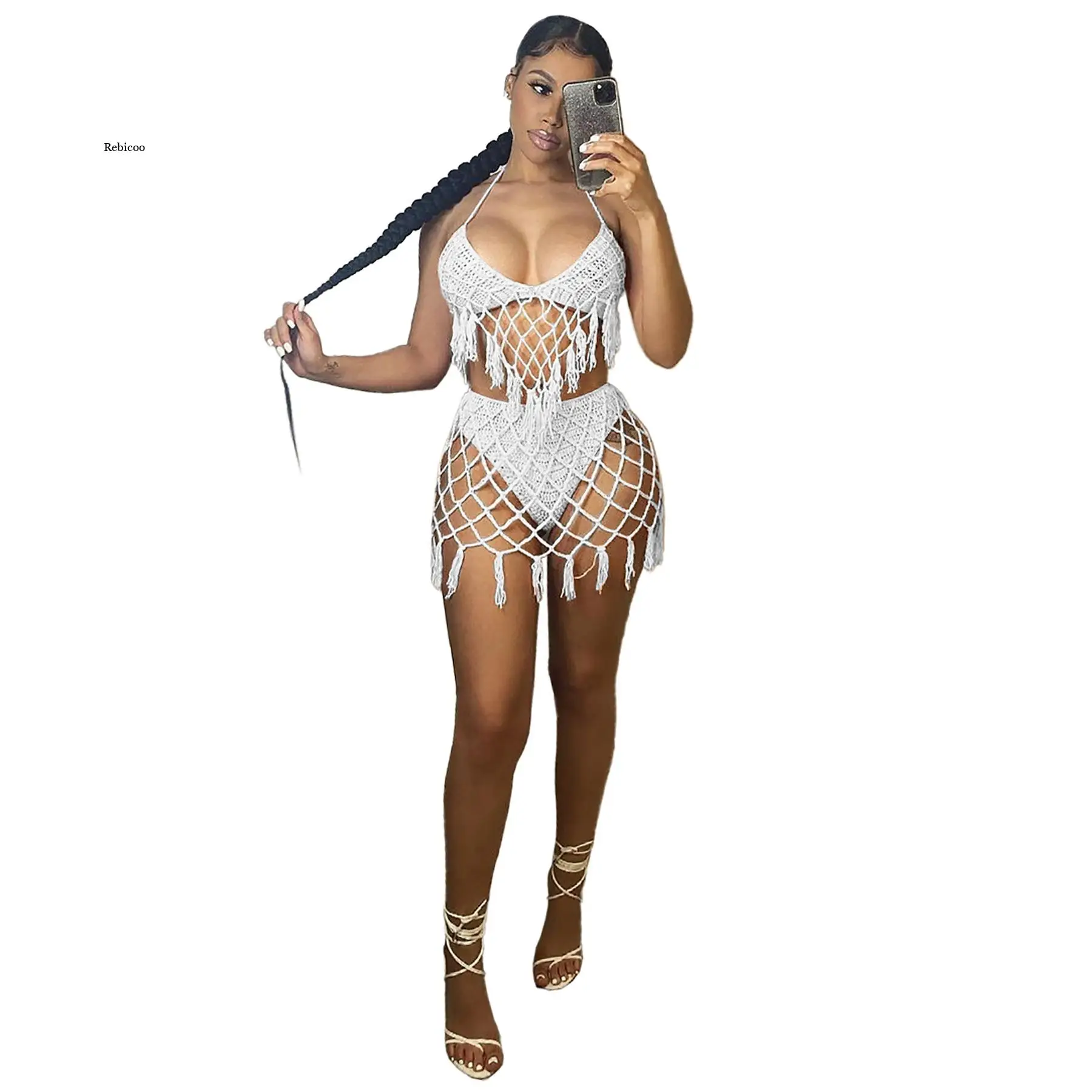 

Women Crochet Knitted Hollow Tassel 2 Piece Bikinis Shorts Sets Solid Sexy Beach 2022 Summer Dress Bathing Skirt Suit New