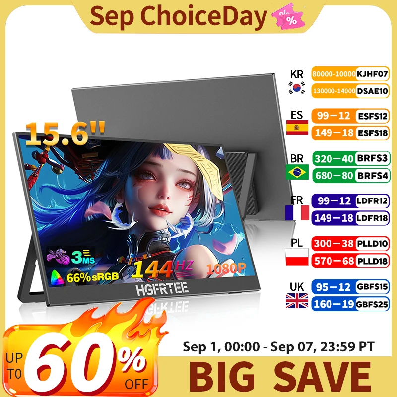 HGFRTEE 15.6 inch 144Hz Gaming Monitor - Ultra-High Refresh Rate for Smooth Visual Experience In Switch Laptop Xbox PS4/5