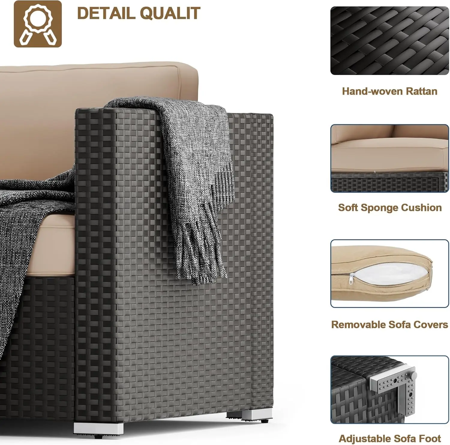 7-Piece Outdoor Patio Furniture Sofa Set All-Weather Wicker Sectional Conversation Set with Modern Glass Coffee Table