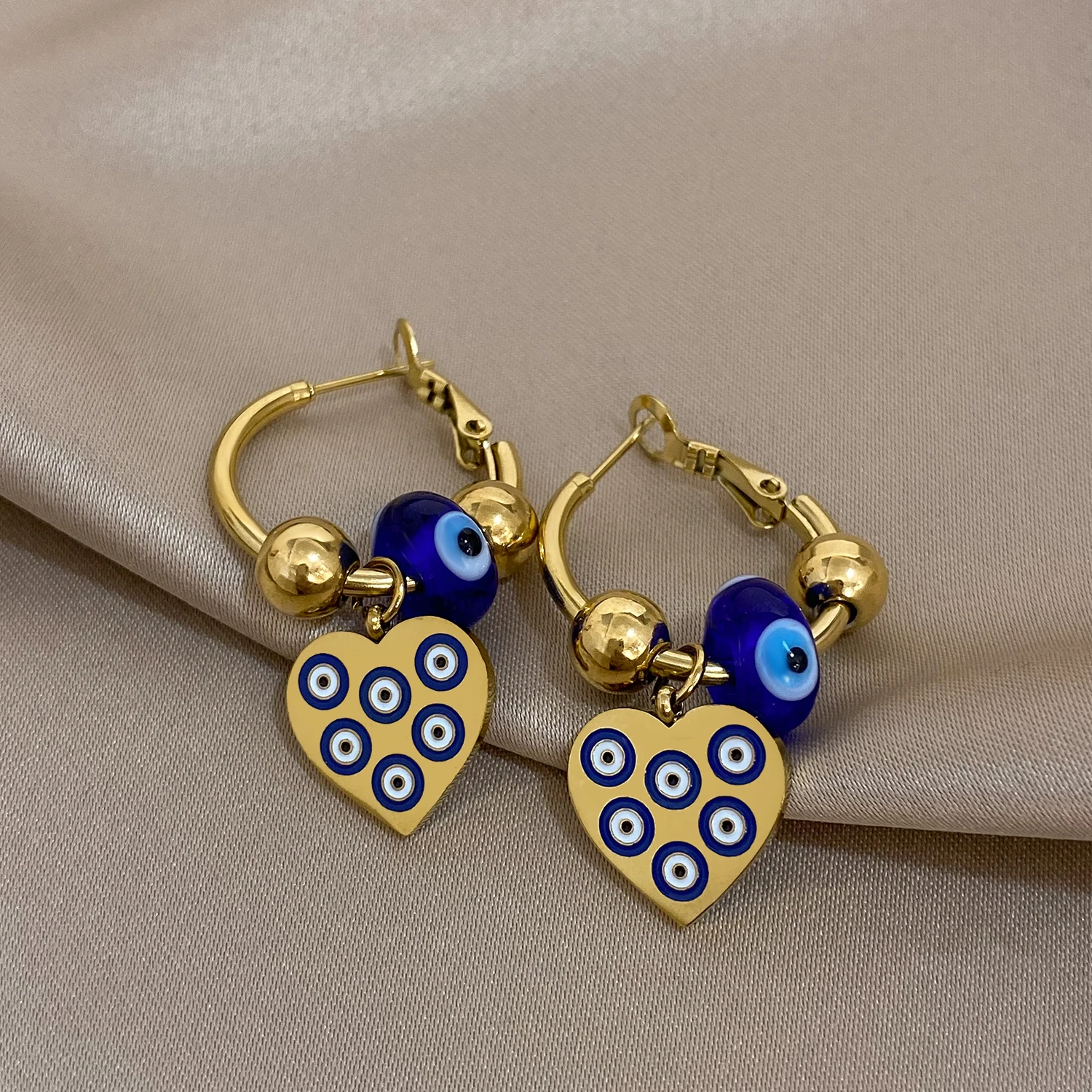 FLASHBUY Stainless Steel Turkish Devil Eye Heart Pendant Earrings For Women Fashion Ear Buckle Waterproof Jewelry