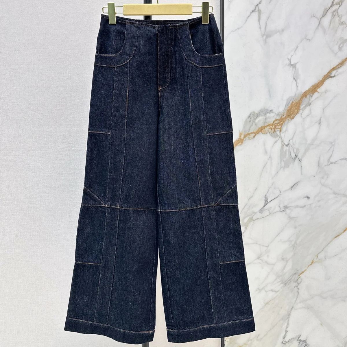 High Quality Women High Waist Dark Blue Panel Wide Leg Jeans Multi Pockets Straight Long Pants lyt26729107
