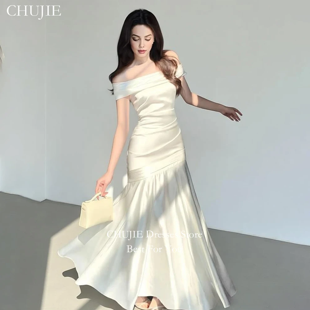 

Modest Stain Off Shoulder Wedding Dresses Mermaid Pleated Long Bridal Gowns Bride Dress Vestido de novia Guest Party Gowns