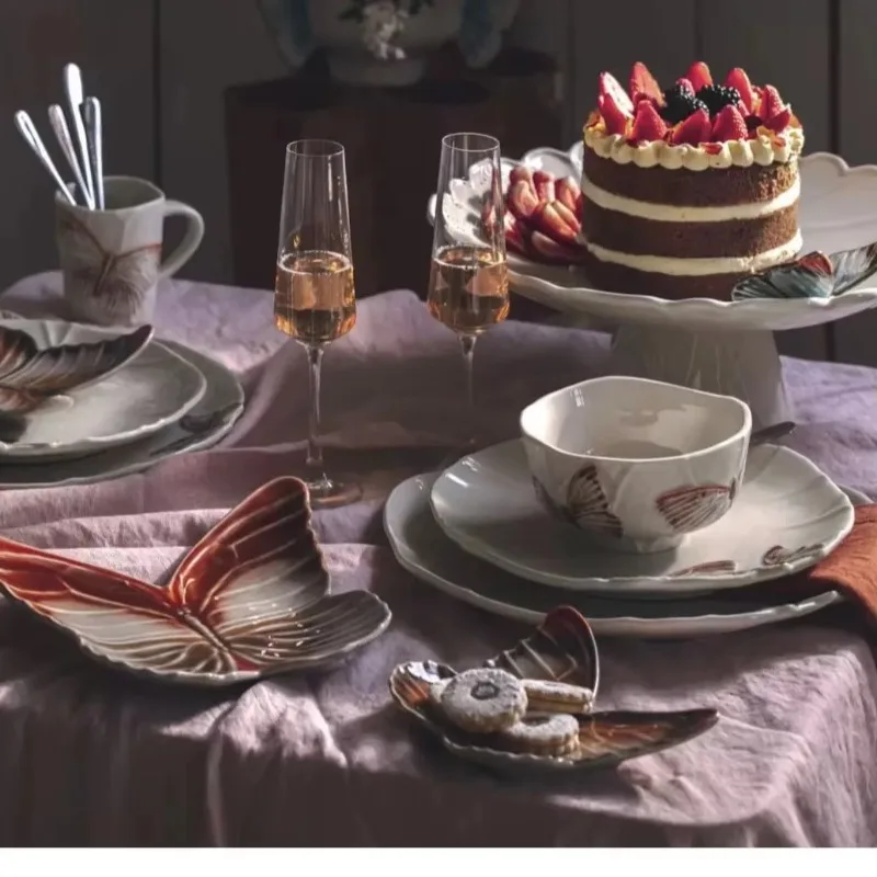

【Best-selling】Saint Mo's Art Ceramic Tableware Cake Plate Butterfly American Restaurant Portugal BordalloPinheiro Porcelain
