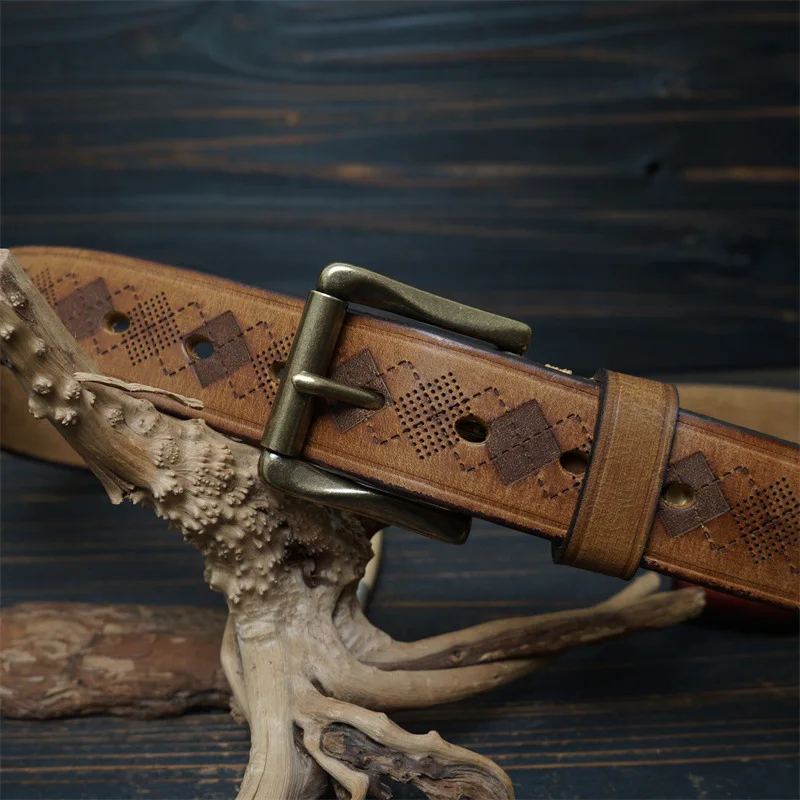 

Men's roller brass buckle engraved handmade pure top layer leather belt American overalls casual trend all-match belt
