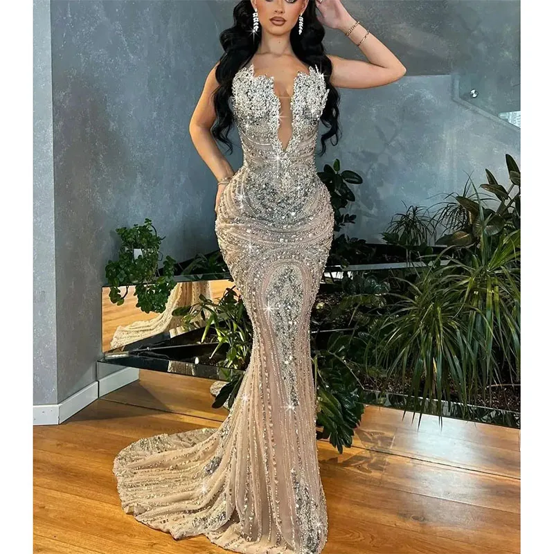 Vestido de graduación de sirena de lujo sin mangas, cuello en V, apliques de lentejuelas, cuentas, hasta el suelo, vestido de noche Sexy, vestidos de novia hechos a medida