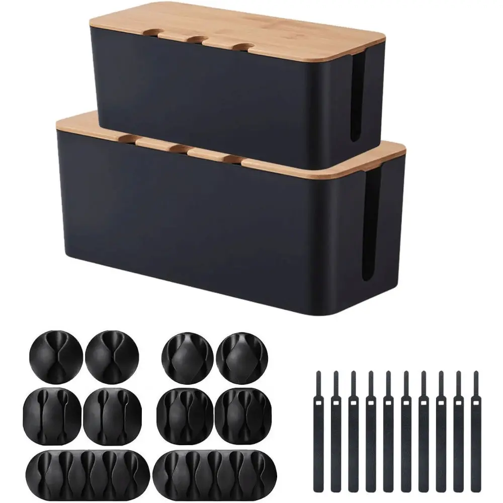 Cable Management Box With Wooden Lid Desktop Cord Organizer Storage Container For Power Strip Desk Wire Hider Concealer