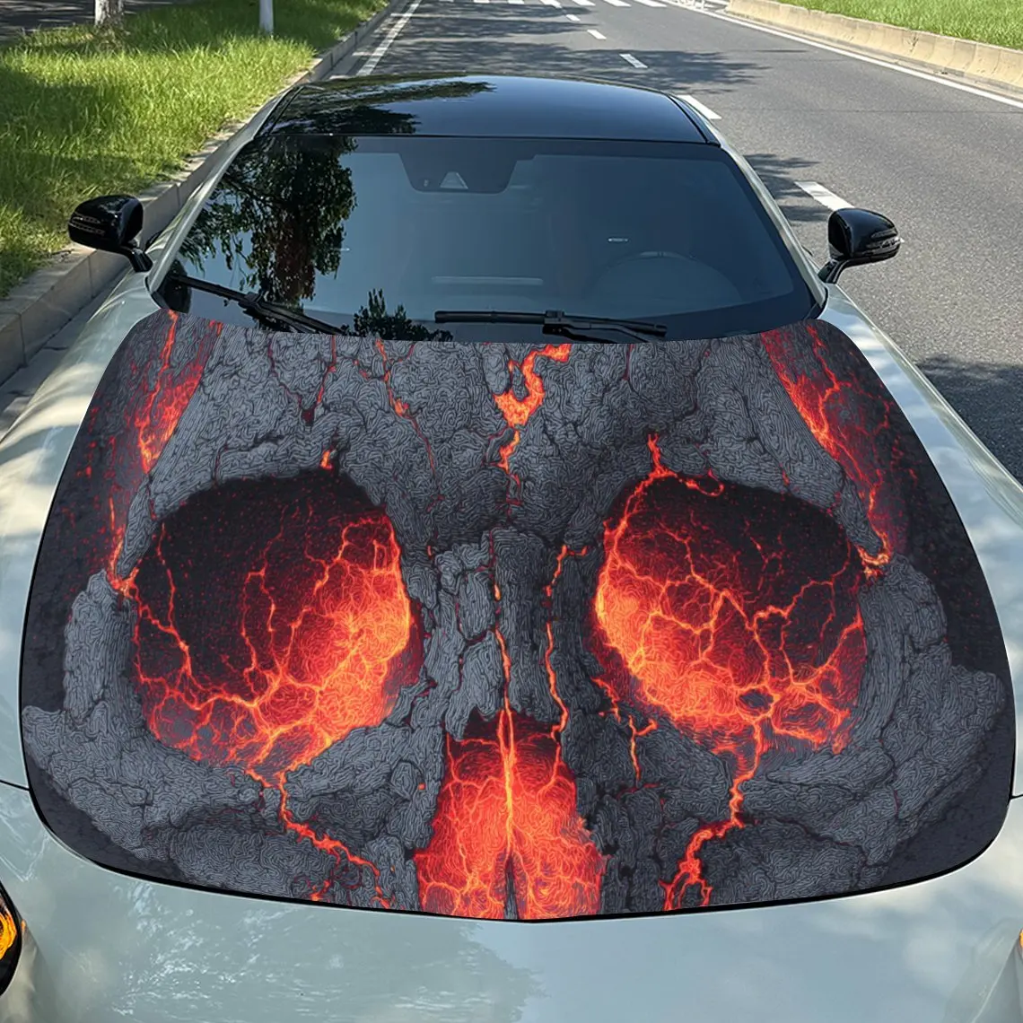 

Red Flame Lava Skull PVC Car Hood Wraps, Self-Adhesive Waterproof Car Bonnet Decal Sticker, Car Decoration Protection Stickers f