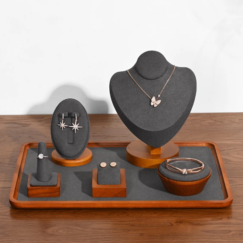 

Wooden Jewelry Displays Stand Grey Microfiber Jewelry Display Props Counter Ring Earrings Necklace Storage Showcase Holder