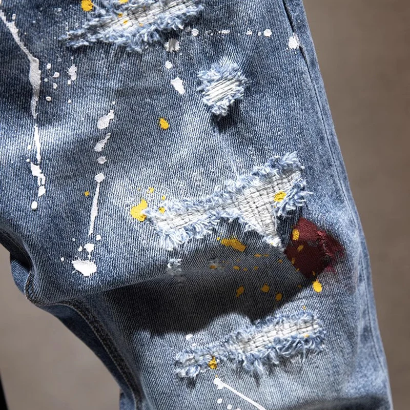 Street Designer Fashion Men Jeans Retro Blue Stretch Slim Fit Painted Ripped Jeans Men Hip Hop Vintage Y2K Denim Pants Hombre
