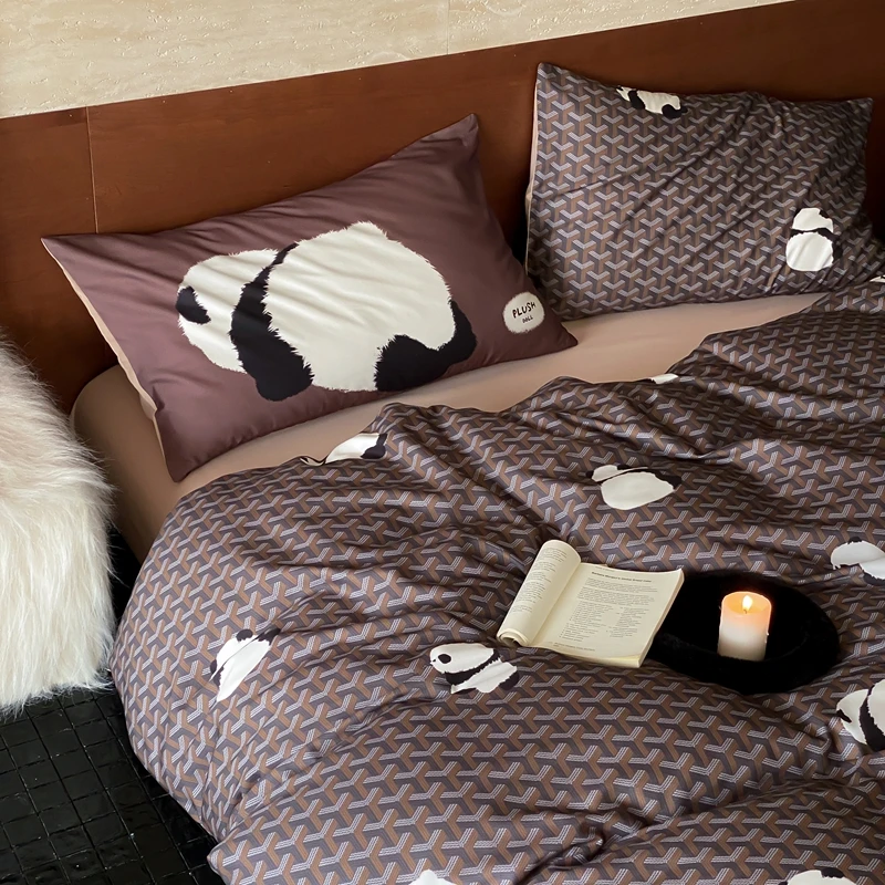 Cartoon Panda Digital Printing Sanding Cotton Bedding Set, Duvet Cover, Linen Fitted Sheet, Pillowcases, Home Textile