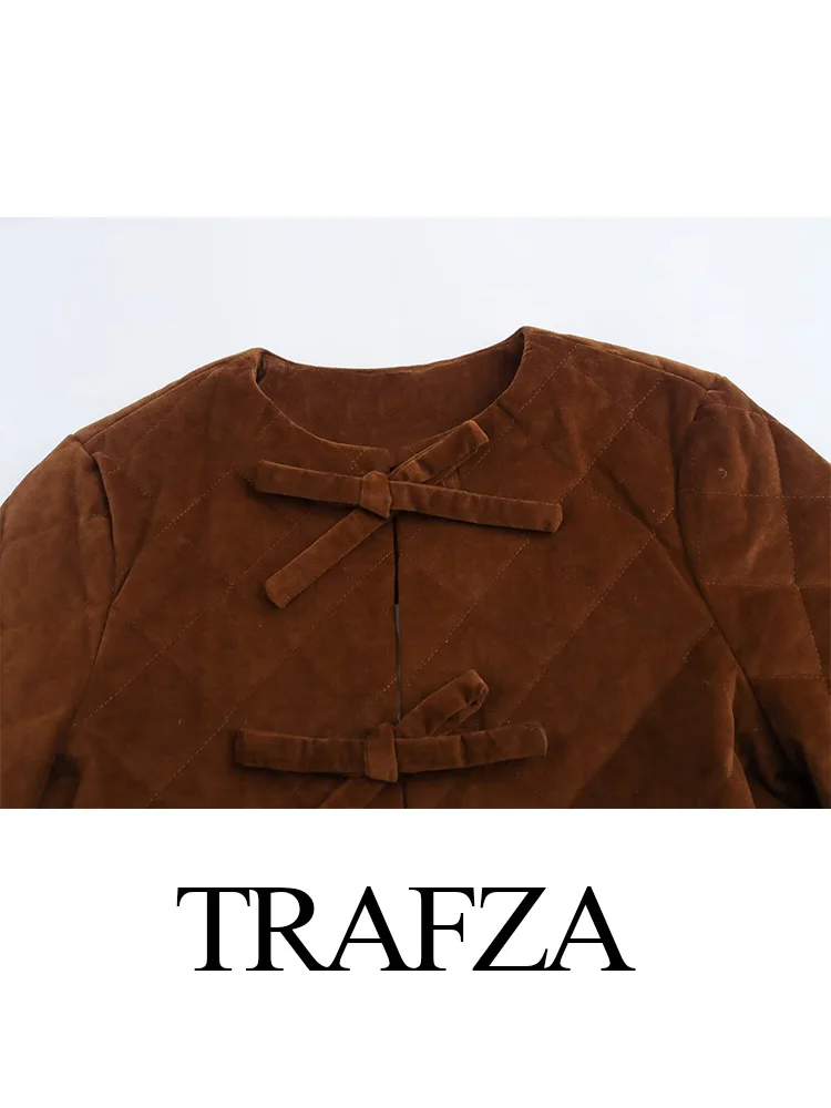 TRAFZA ฤดูใบไม้ร่วงผู้หญิงแฟชั่นสีน้ําตาลสีทึบครึ่งแขนโบว์ตกแต่งแจ็คเก็ตหญิงรอบคอ High Street สั้นเสื้อ