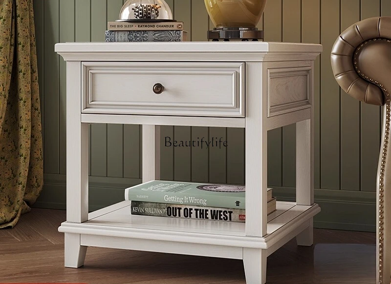 

American Solid Wood Tea Table White Modern Minimalist Square Bedside Table
