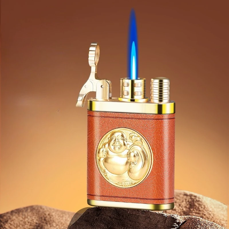 

Зажигалка в стиле ретро с синим пламенем, ветрозащитная зажигалка с бутаном, небольшой инструмент для мужских курительных принадлежностей, высококачественная кожаная зажигалка