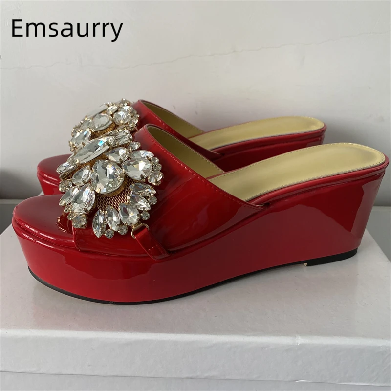 Luxury Rhinestone Diamond Buckle Decor Mules Quality Patent Leather Slingbacks High Platform Wedges Summer Sandals Women