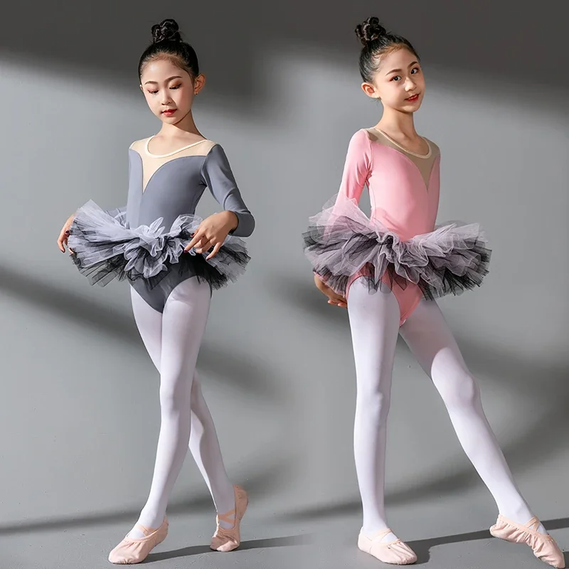 Ballet Dress Long/Short Sleeve Ballet Leotard Girls Kids Ballet Tutu Dancewear Training Dress Children Gymnastics Tulle Skirted