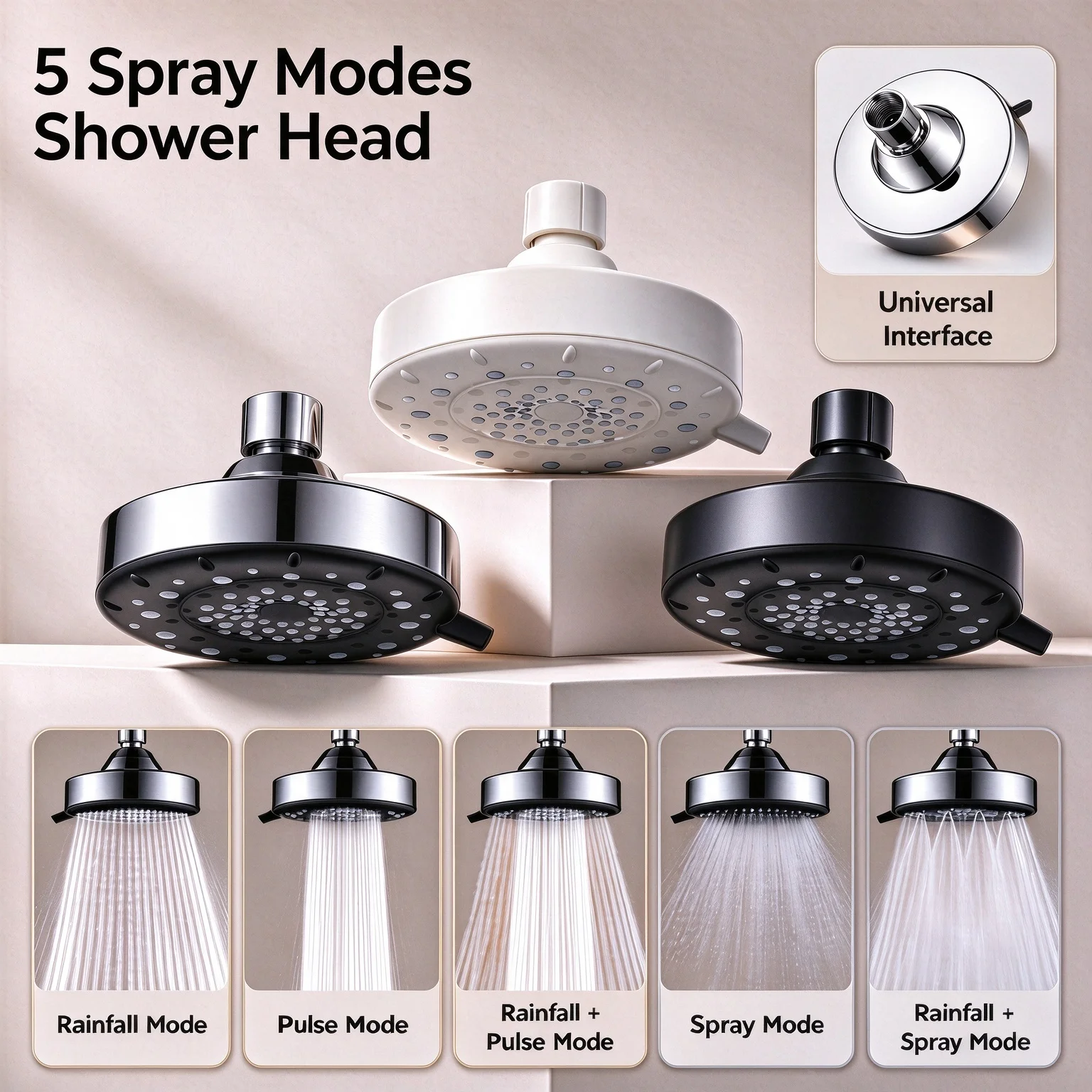 5 Spray Modes High Pressure Overhead Rainfall Shower Head With Water Filter Large Water Flow Bathroom Shower Nozzle Hard Water