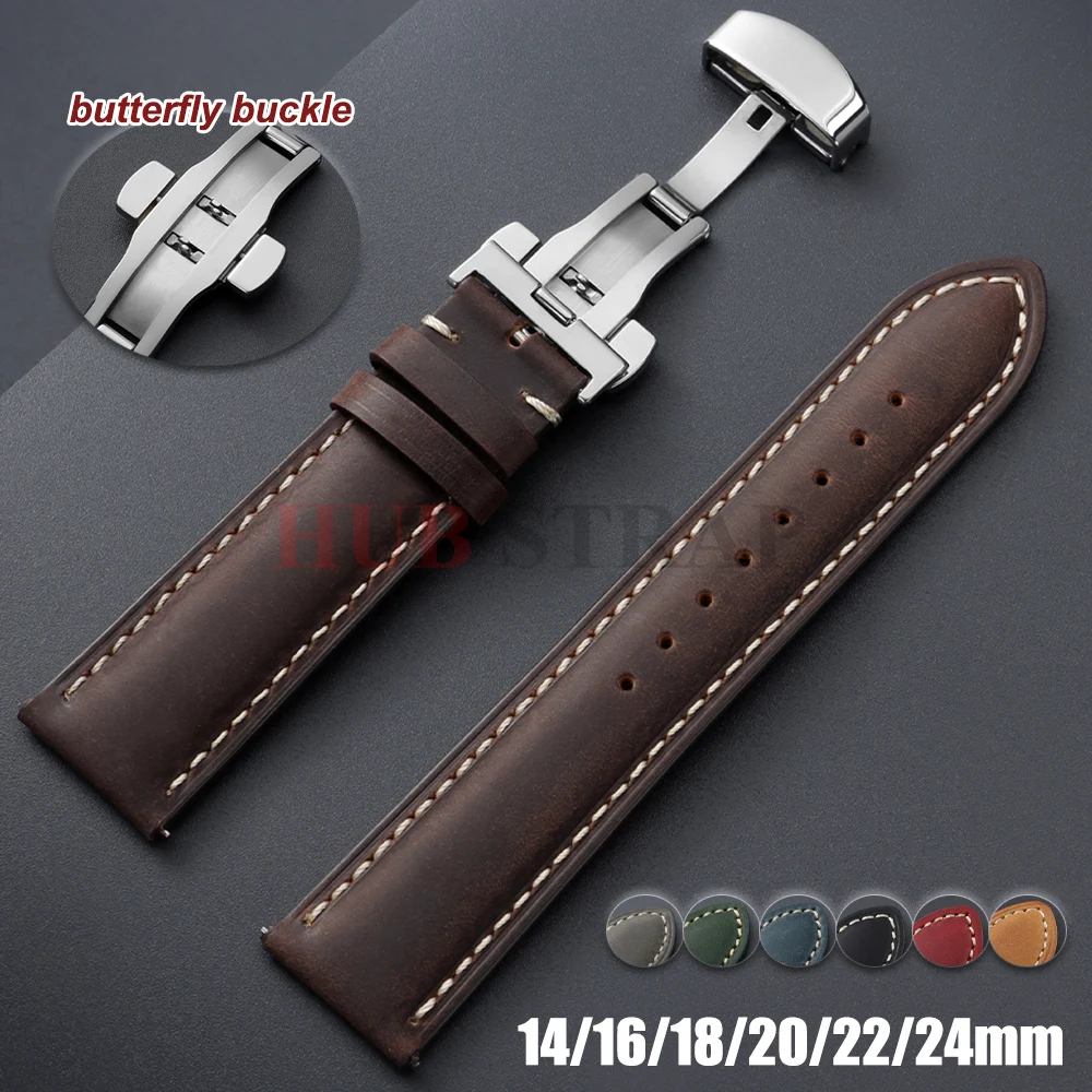 14/16/18/20/22/24mm Genuine Calfskin Leather Watchband for Omega Business Watch Band for Seiko Butterfly Buckle Stitching Strap