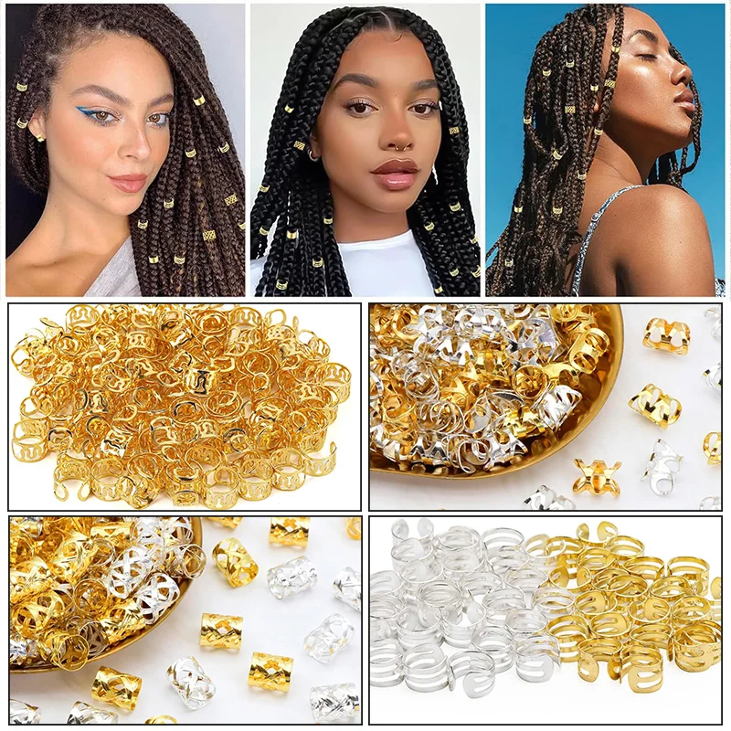 

50Pcs/Pack Metal Golden/Silver Hair Cuffs Loc Rings for Braids Clips Multi Style Dreadlock Hair Beads Accessories Decoration