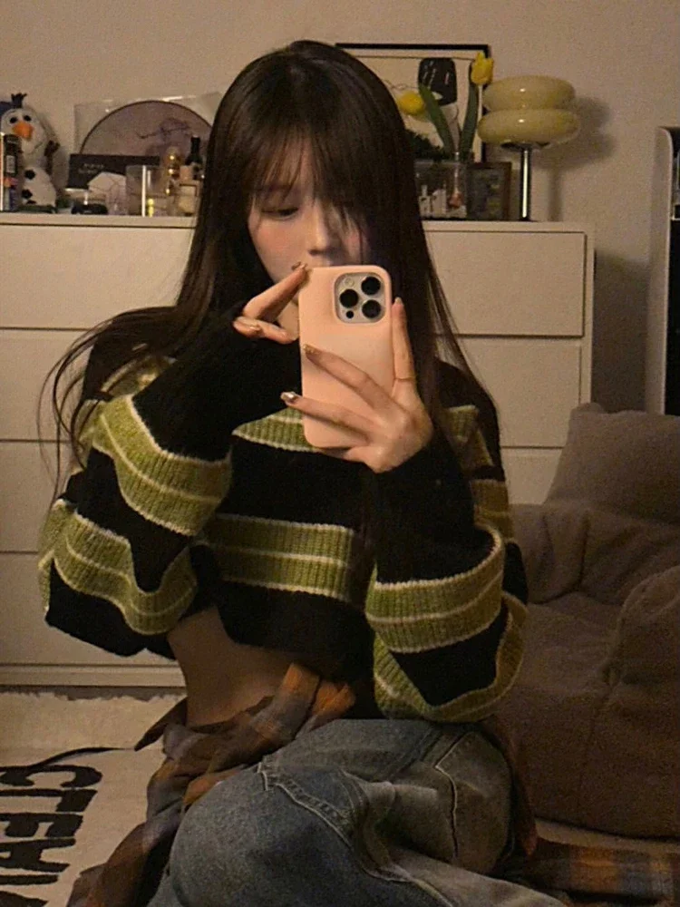 Autumun Y2k Sexy Girl Cropped maglione donna sottile Pullover a righe larghe moda coreana Harajuku Streetwear Vintage Jumper Fairy