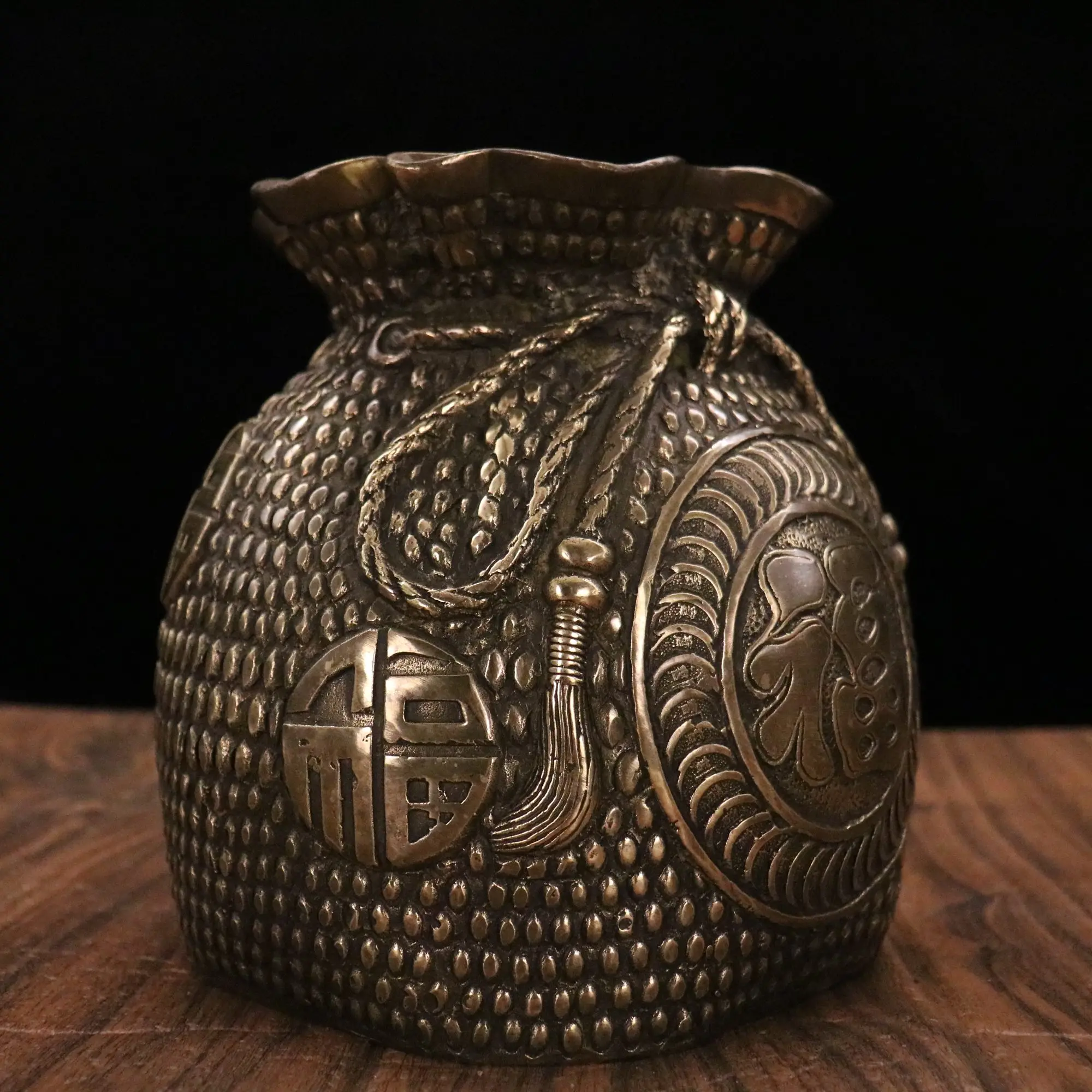 8"Old Xizang Folk Collection Old Bronze Brass Patina lucky bag money bag Treasure Bag Gather fortune Town house Exorcism view 3
