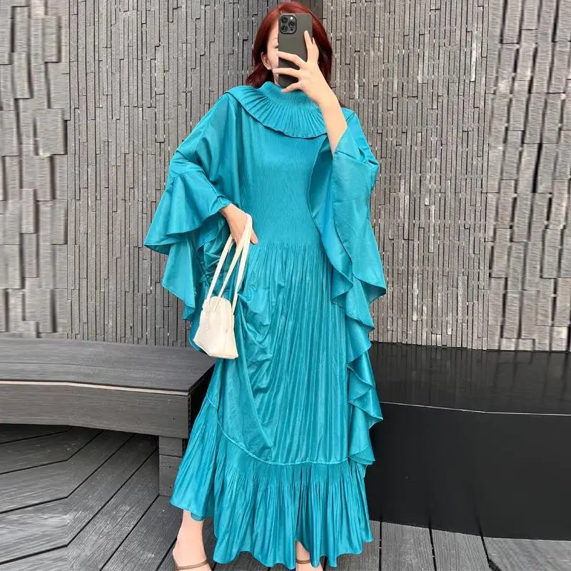 

Women's plus Size Dress with Large Lapel Lotus Leaf SVE Commute Style Loose Waist Polyester Fabric Seven Sleeve Length