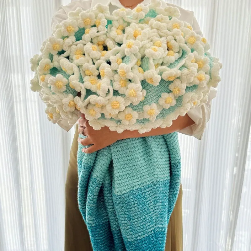 

Gradient Sunflower Knitted Blanket, Handmade Crochet Floral Throw, Everlasting Artificial Bridal Bouquet,Gift for Valentines Day