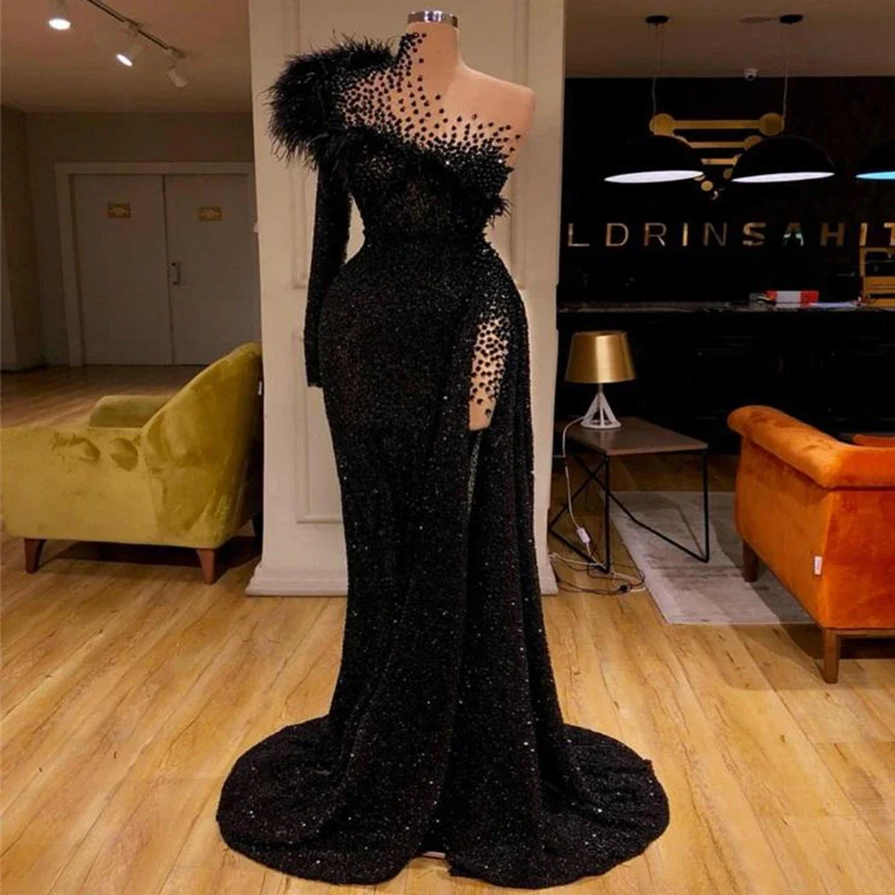 Black Sequined BeadingHigh Coller Mermaid Prom Dresses One Shoulder Lace Up Train Evening Party Gown vestidos de noche robes de