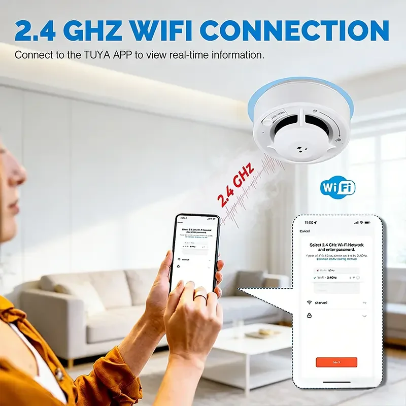 Tuya Wifi Smart Smoke Detector Photoelectric Sensor Fire Alarm 85dB with AA Batteries Compatible with Tuya App for Home Security