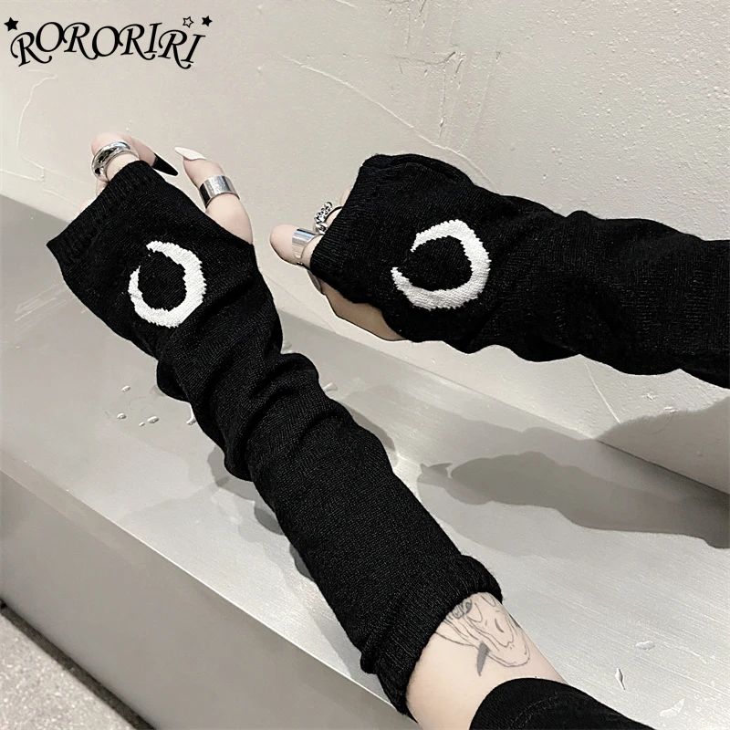 

RORORIRI Moon Crocheted Knitted Arm Sleeves Women Vintage Black Arm Warmers Fingerless Gloves Y2k Grunge Anime Cosplay Costumes