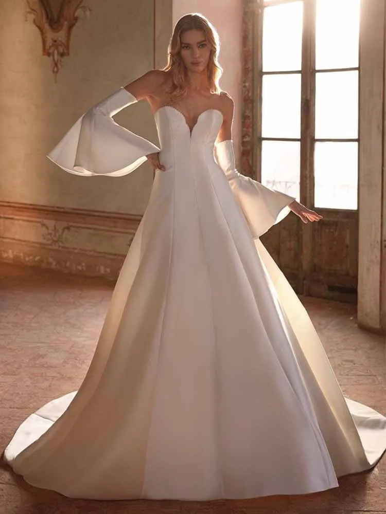 

Satin Wedding Dress V Neck A Line Cout Train Siimple Gowns for Women Backless Detachable Flare Sleeves Bridal Gown