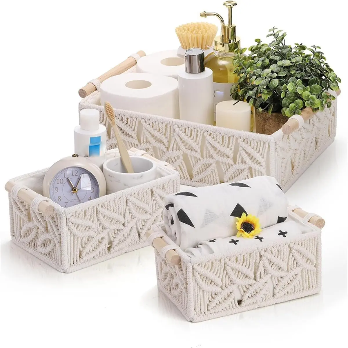 2026 New 3pcs Macrame Storage Baskets, Handmade Boho Baskets with Handles for Home Decor and Organization