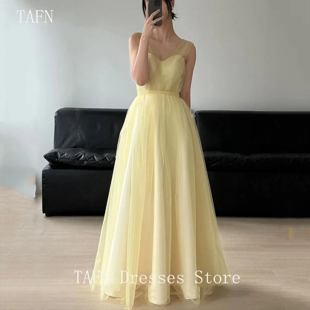 

TAFN Fairy Light Yellow Korea Wedding Dress Photo Shoot Sleeveless A Line Soft Tulle Bridal Gown Floor Length 웨딩드레스 Back Corset